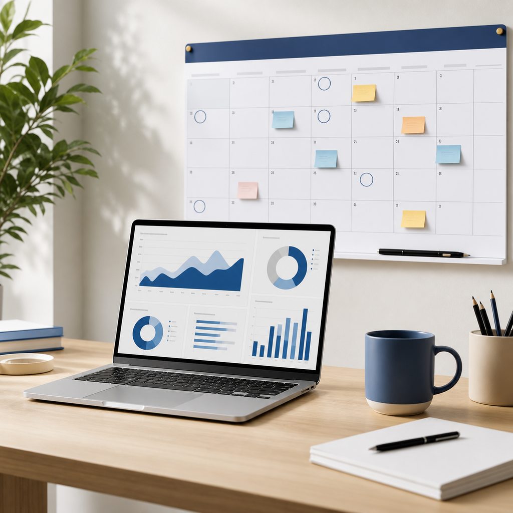 Calendrier mensuel avec des notes de couleur marquant les dates d'envoi de la newsletter