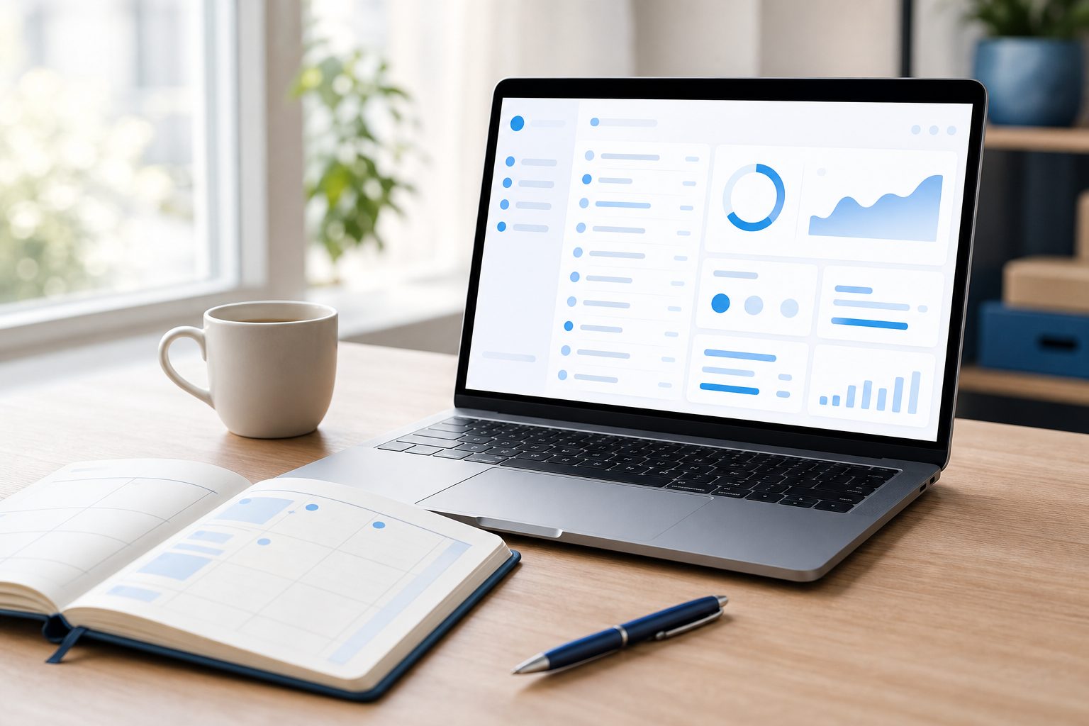 Ordinateur portable ouvert sur une boîte de réception, agenda et tasse de café sur un bureau clair