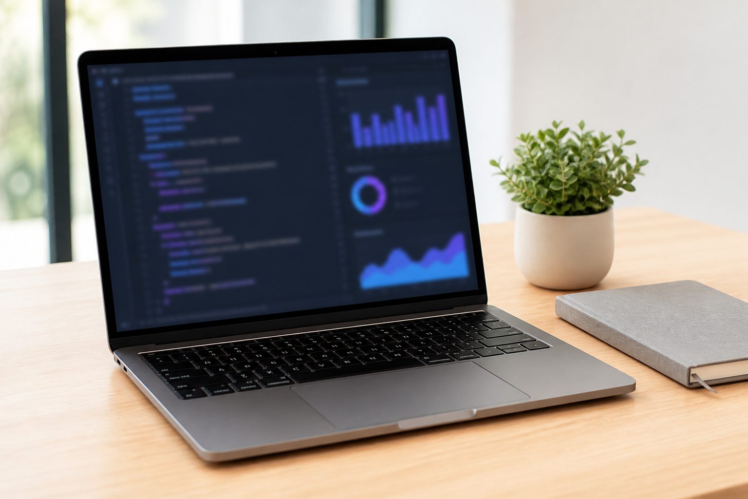 Ordinateur portable ouvert sur un bureau clair affichant un fichier de configuration technique
