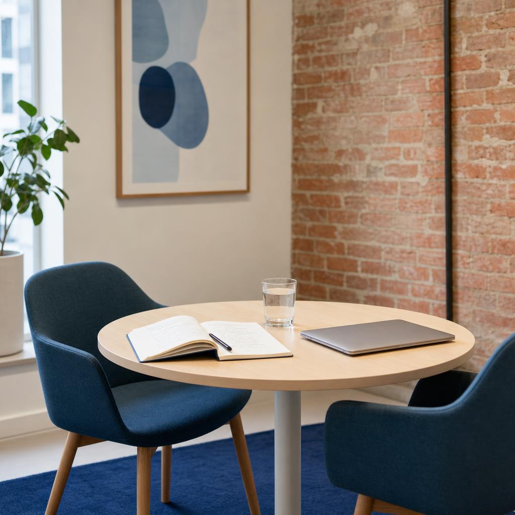 Petite salle de réunion préparée pour un premier rendez-vous avec un prestataire