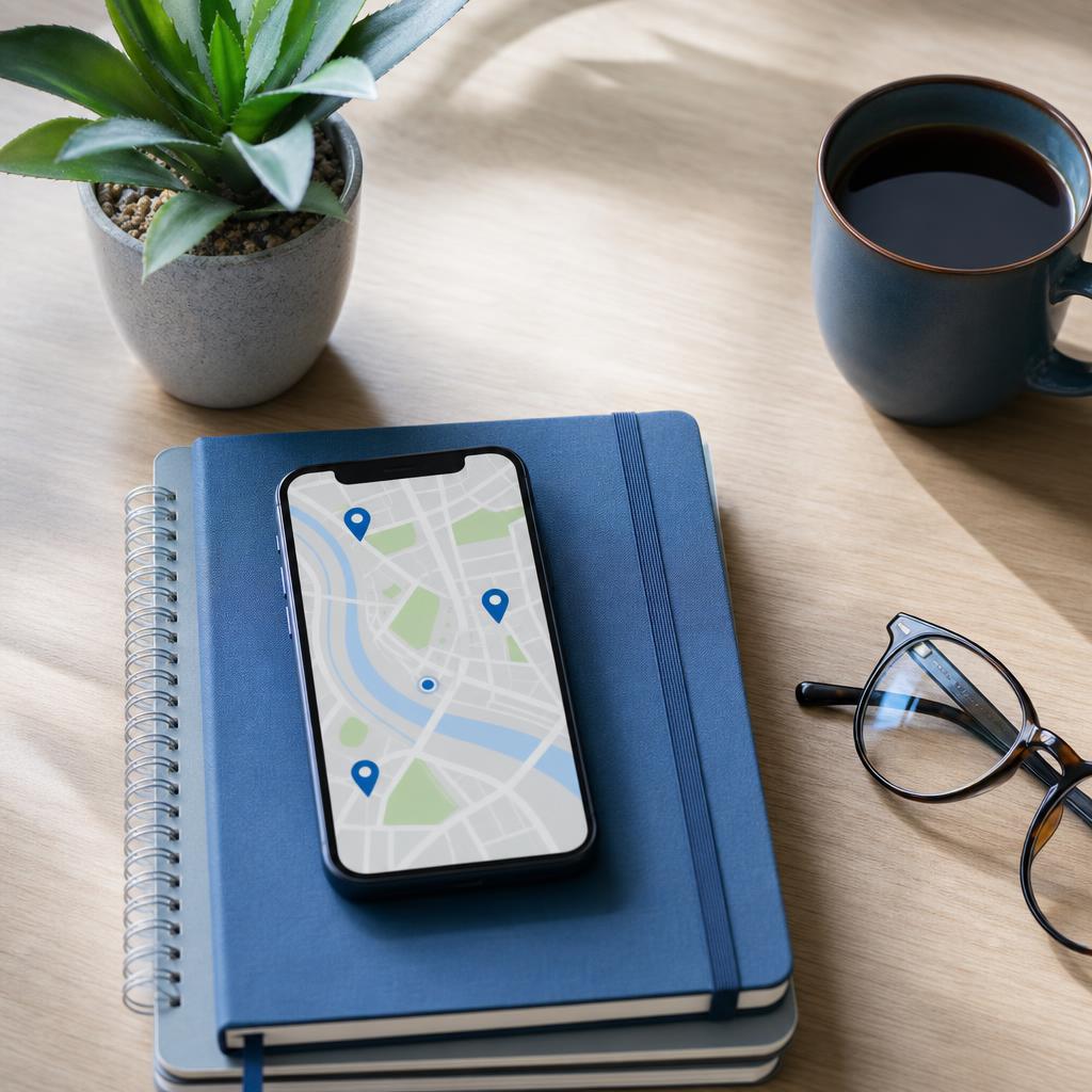Téléphone posé sur un carnet affichant une carte avec des points de localisation