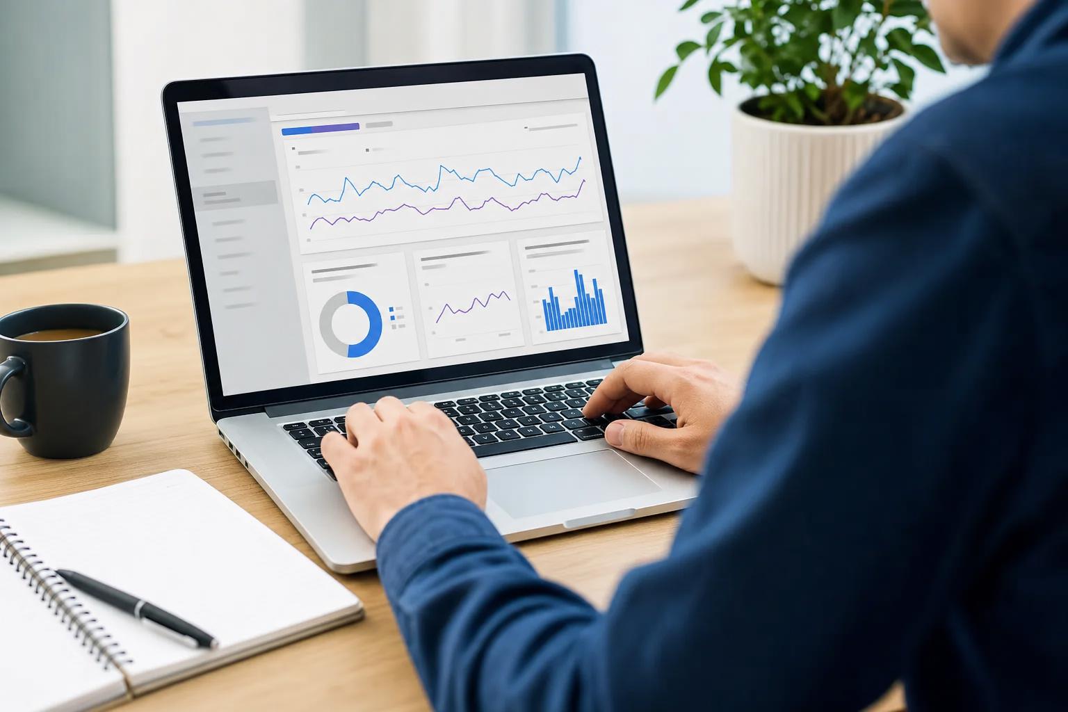 Personne réalisant un audit SEO gratuit de son site sur un ordinateur portable, avec Google Search Console à l'écran
