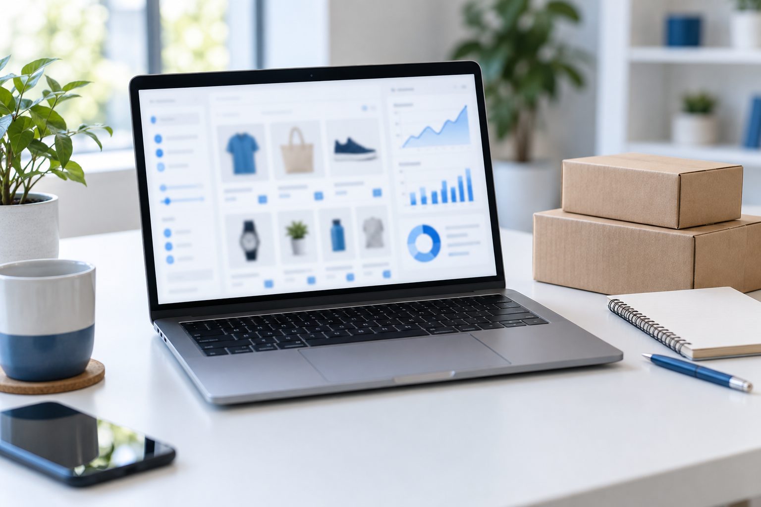 Ordinateur portable affichant la grille produits d'une boutique en ligne avec des filtres, sur un bureau épuré