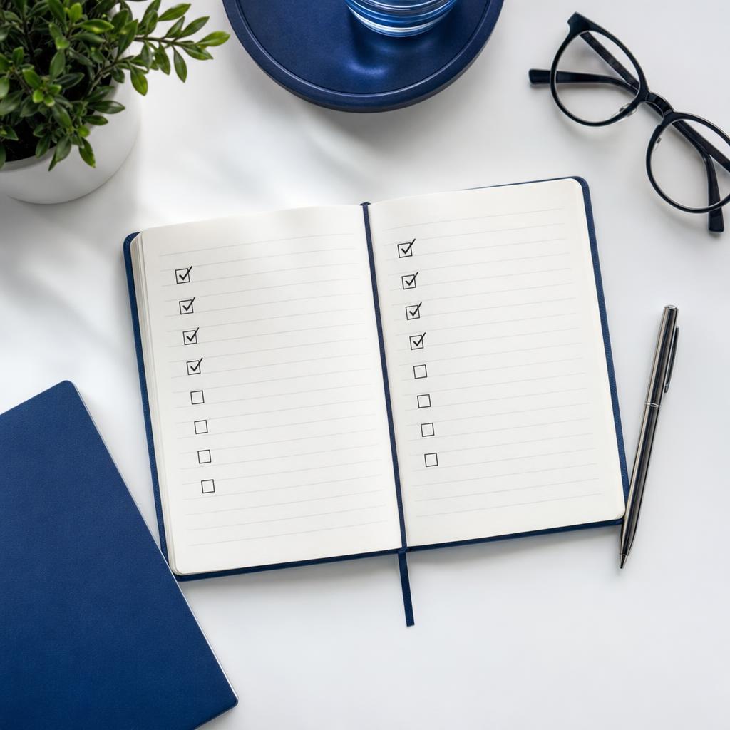 Checklist d'audit technique SEO notée sur un carnet posé sur un bureau