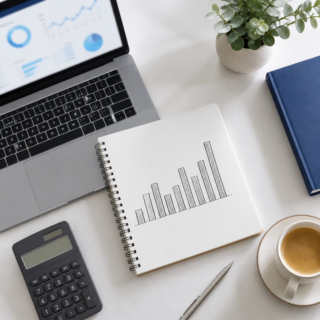Calculatrice, carnet et tableau de bord posés sur un bureau pour calculer un coût d'acquisition