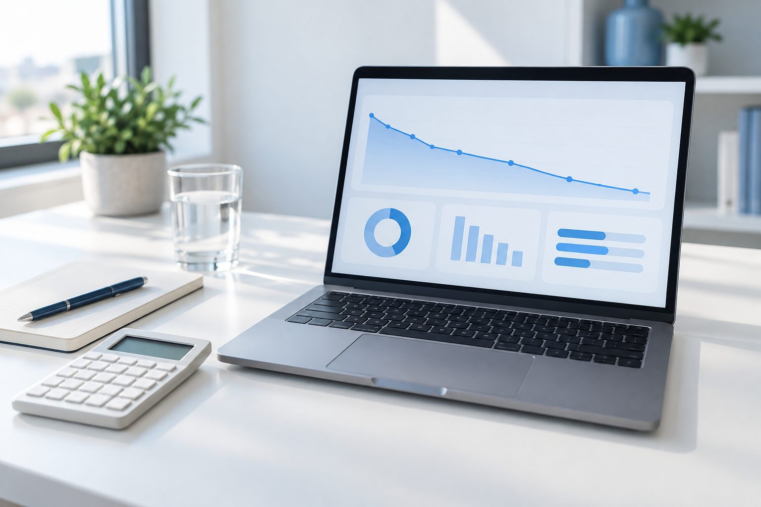 Ordinateur portable affichant un tableau de bord de statistiques emailing sur un bureau clair