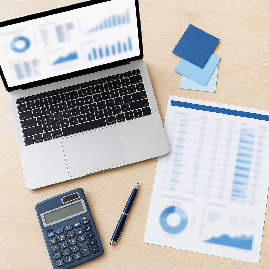 Feuille de calcul, calculatrice et post-it sur un bureau pour répartir le budget marketing par canal