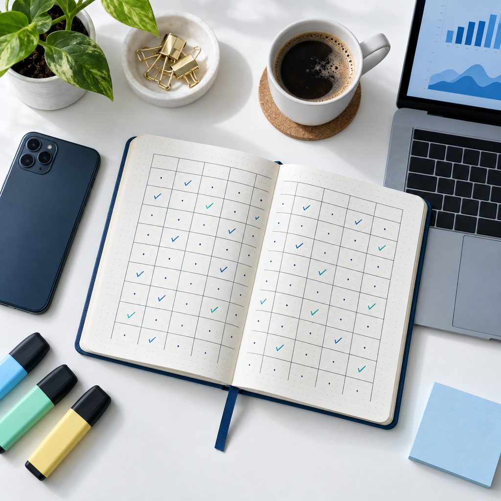 Carnet ouvert avec une grille de notation dessinée à la main, surligneurs et café sur un bureau blanc