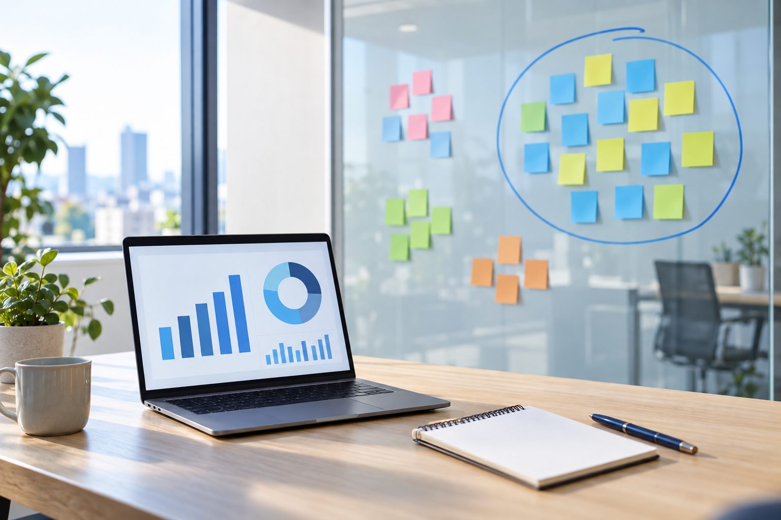 Post-it de couleur regroupés en plusieurs colonnes sur une paroi vitrée, à côté d'un bureau avec ordinateur portable