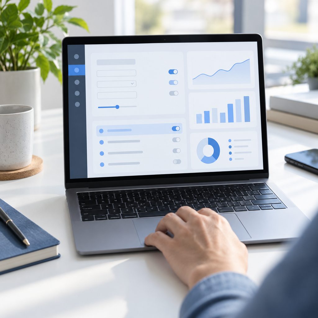 Écran d'ordinateur portable affichant un panneau de configuration avec des champs de saisie et une liste de variables