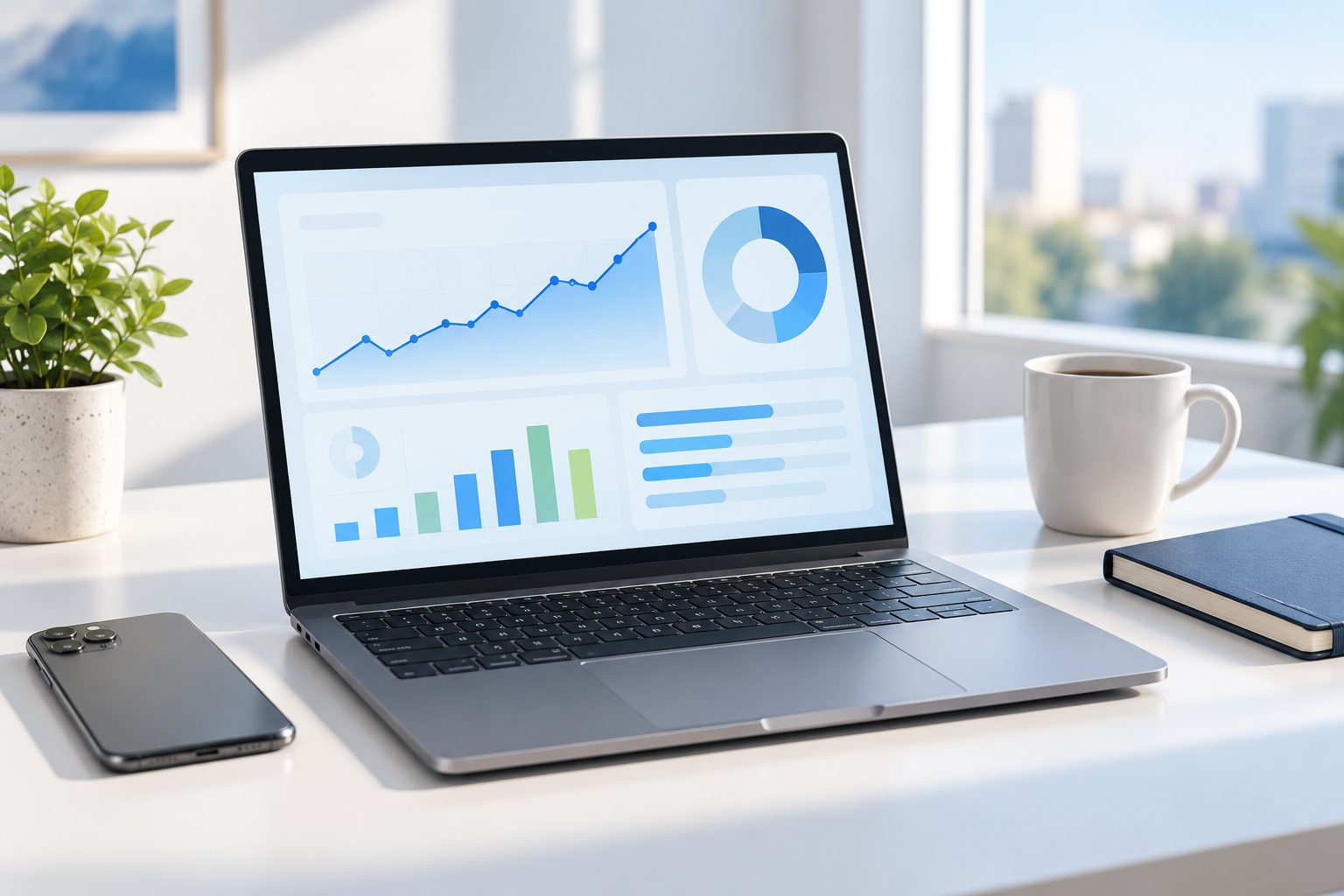 Ordinateur portable affichant un tableau de bord publicitaire avec des courbes de conversions sur un bureau clair