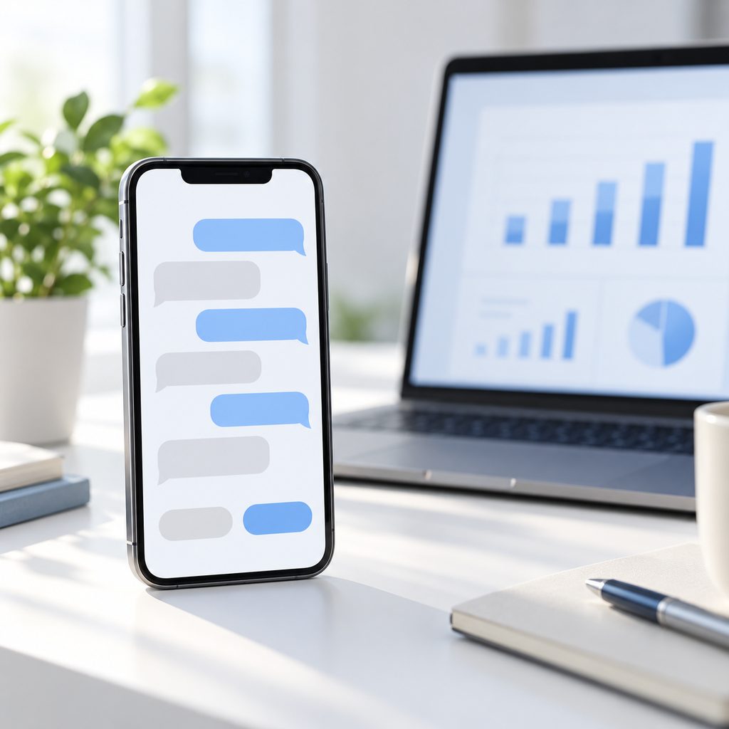 Smartphone affichant une conversation de chatbot avec des boutons de réponse, à côté d'un ordinateur portable