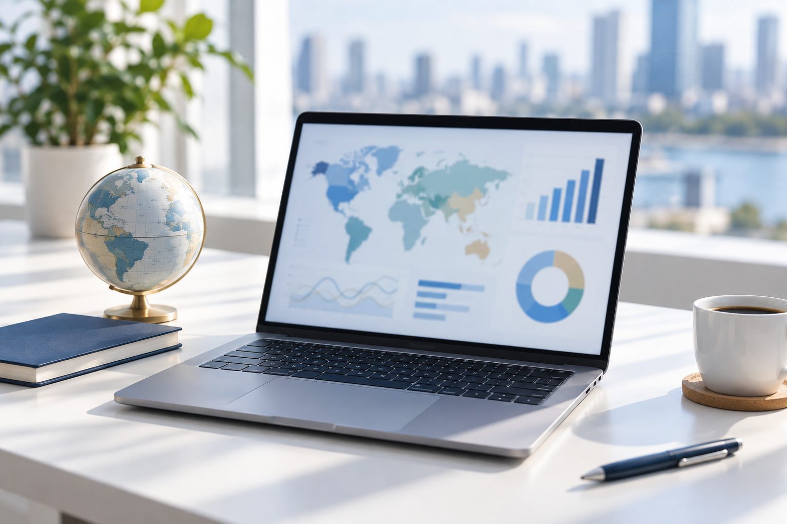 Ordinateur portable sur un bureau clair affichant un tableau de bord analytique avec une carte du monde