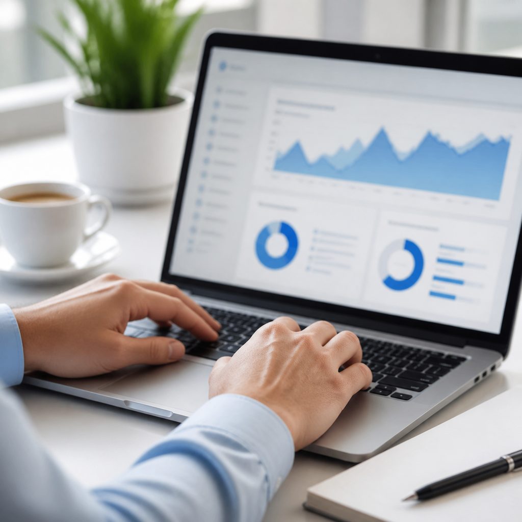 Personne consultant un outil pour webmasters sur un ordinateur portable dans un bureau lumineux