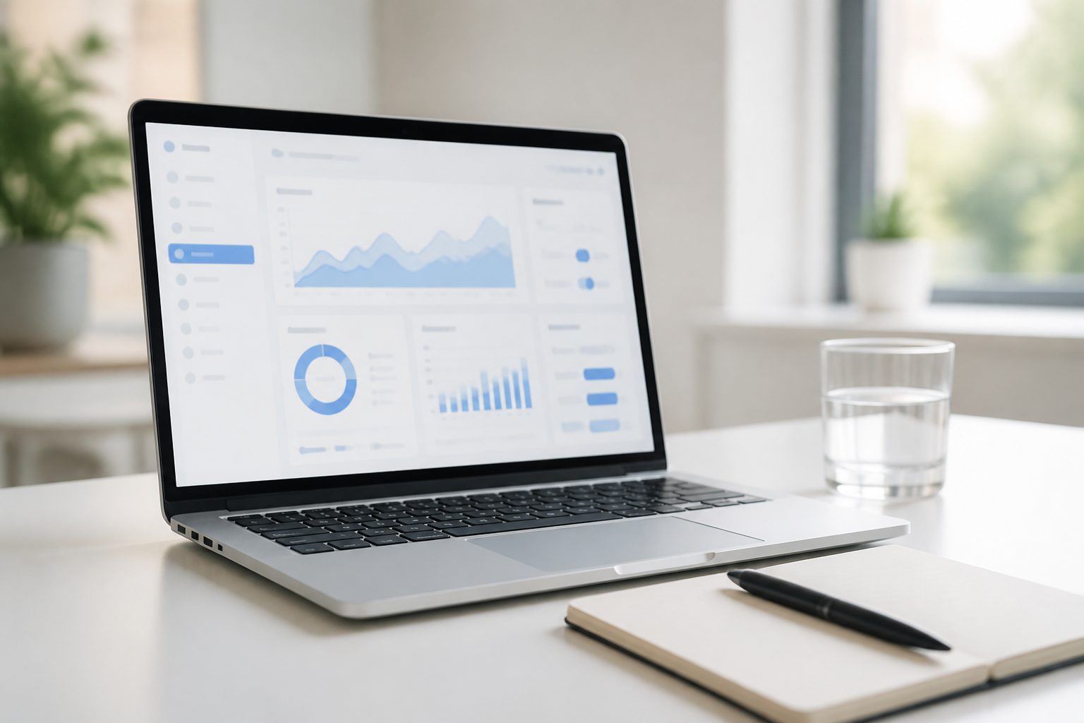 Ordinateur portable ouvert sur un espace de travail de gestion de balises, sur un bureau clair et épuré