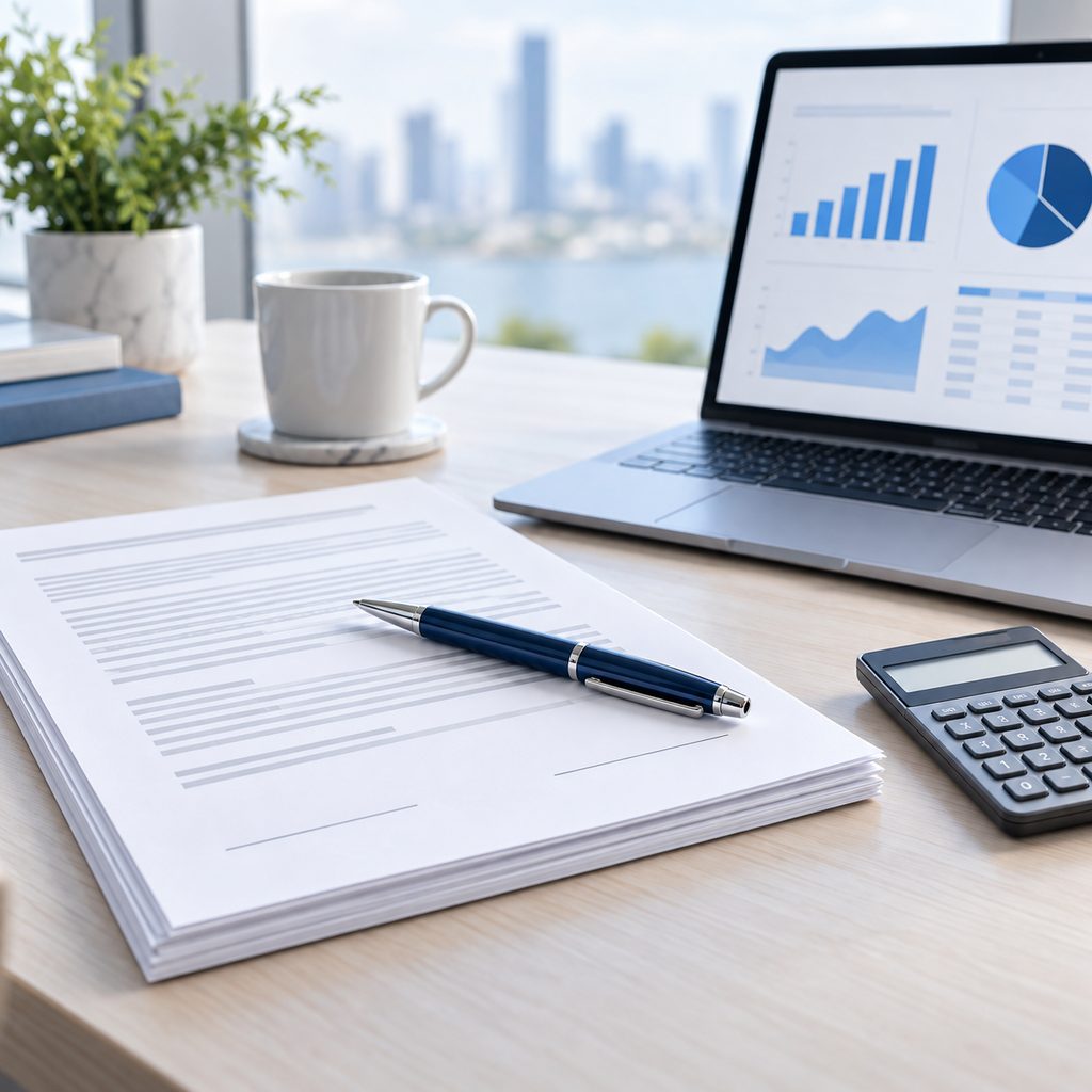 Contrat papier, stylo et ordinateur portable sur une table de réunion claire