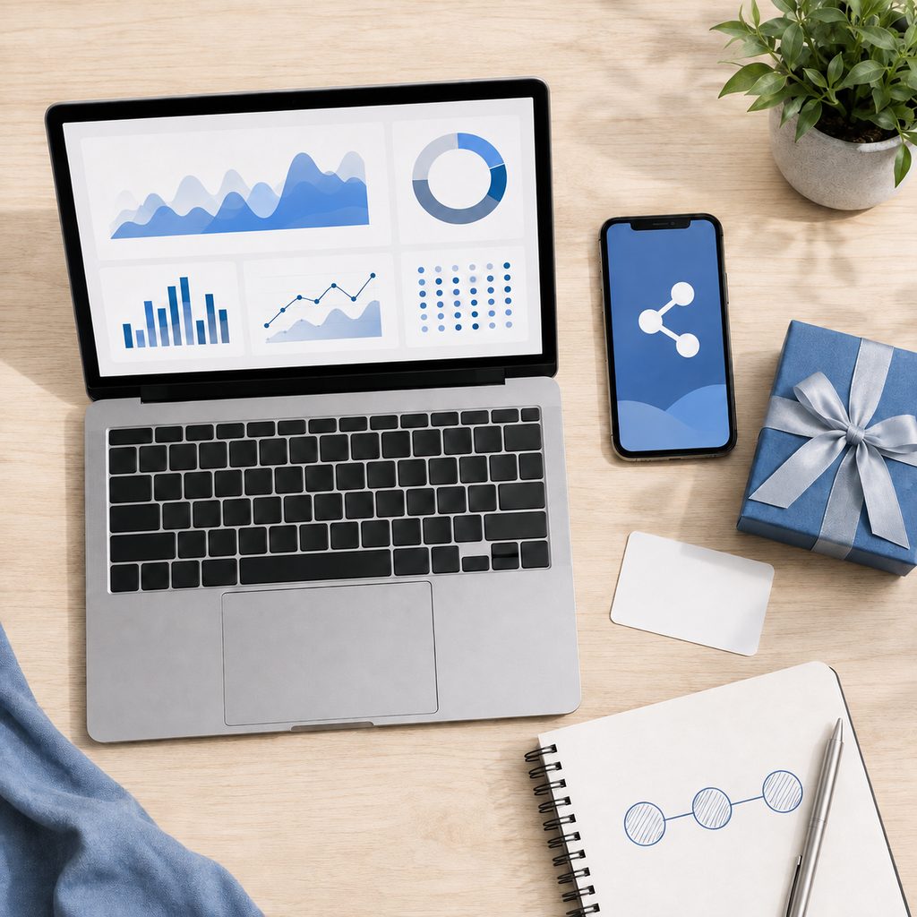 Smartphone, carte cadeau et carnet posés sur un bureau pour préparer une offre de parrainage