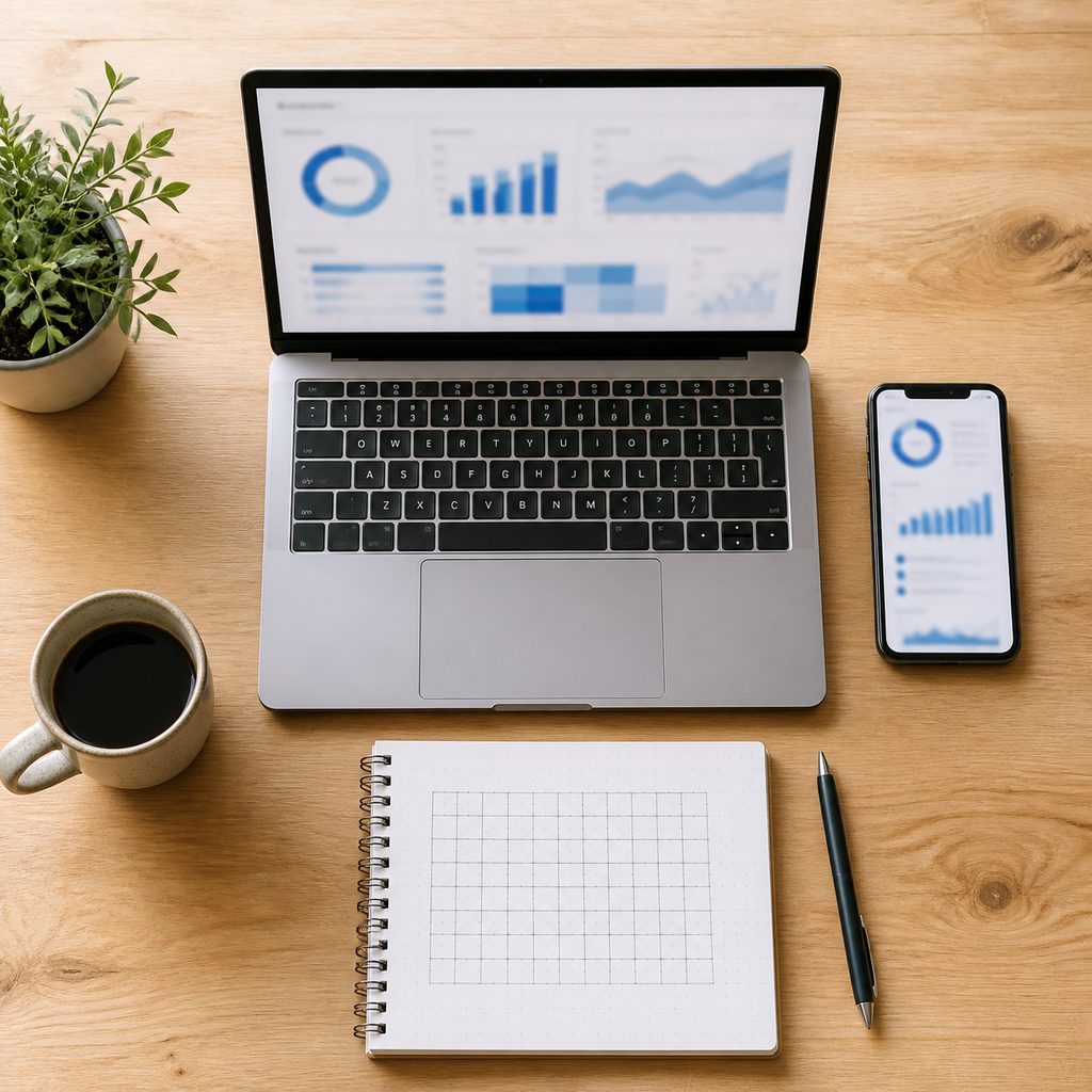 Carnet quadrillé, téléphone et tableau de bord servant à suivre l'usage des comptes clients