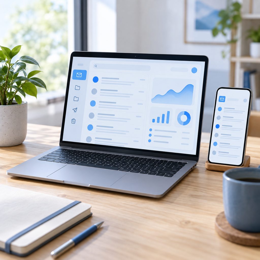 Ordinateur portable et smartphone ouverts sur une boîte de réception pour tester l'arrivée d'une newsletter