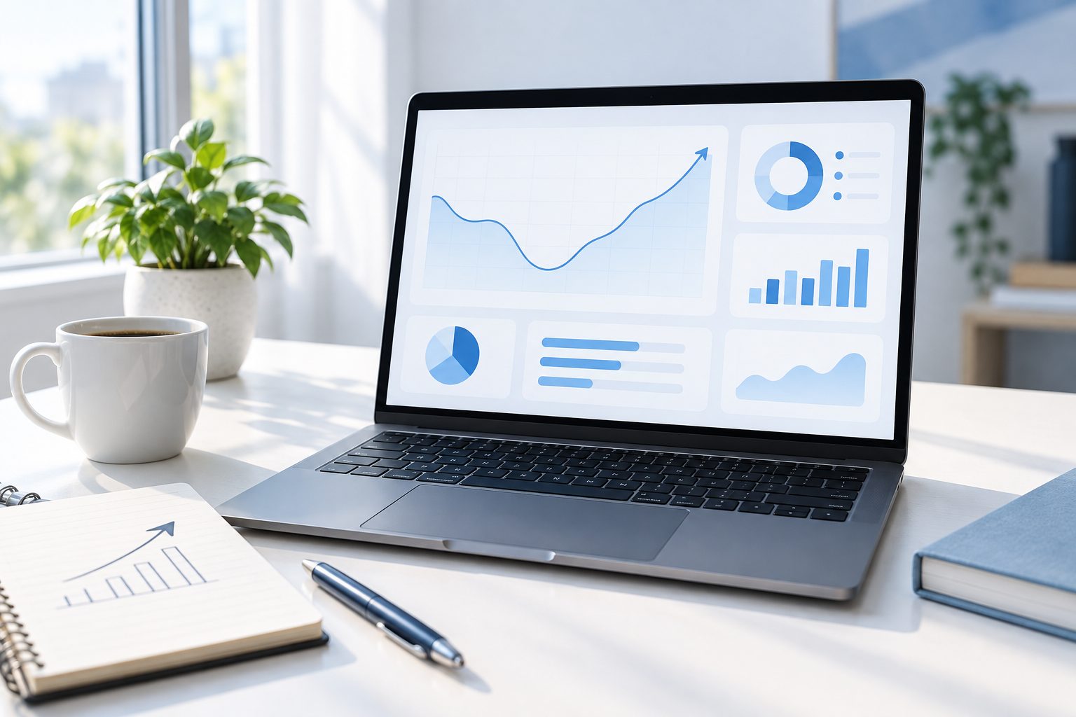 Ordinateur portable affichant une courbe de statistiques emailing qui repart à la hausse sur un bureau clair