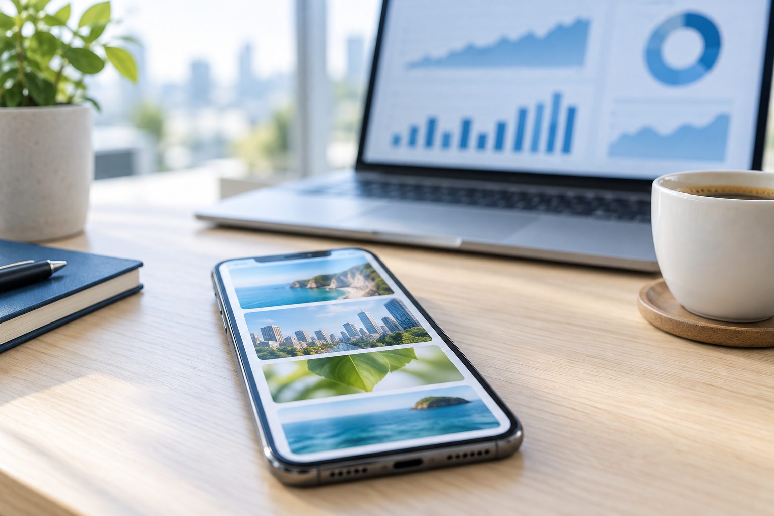 Smartphone posé sur un bureau épuré affichant un flux d'articles avec de grandes images