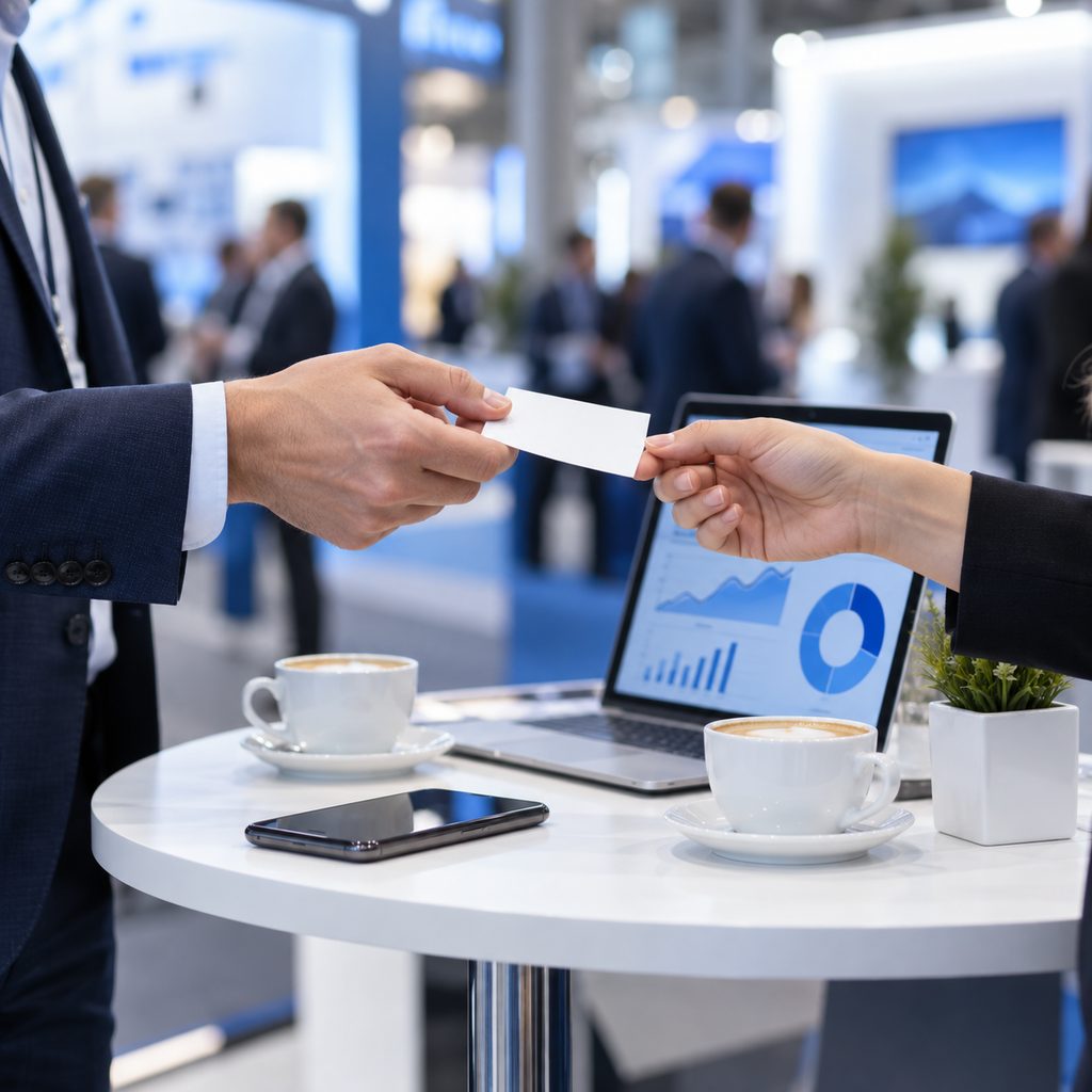 Échange de cartes de visite autour d'un café dans l'espace pause d'un salon professionnel