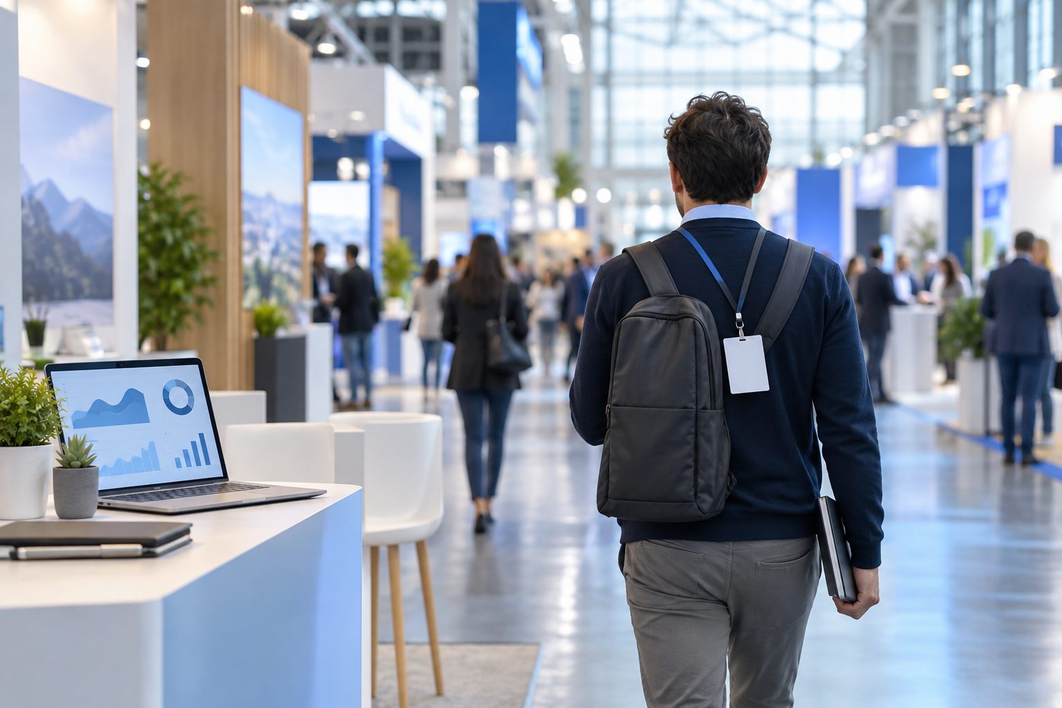 Visiteur avec un badge et un sac à dos dans l'allée d'un salon professionnel