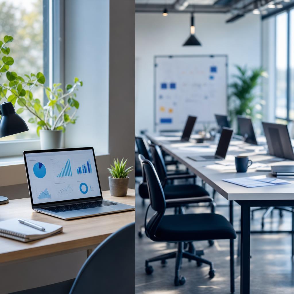 Bureau d'un indépendant et open space d'agence côte à côte, illustrant la différence de structure et de coût