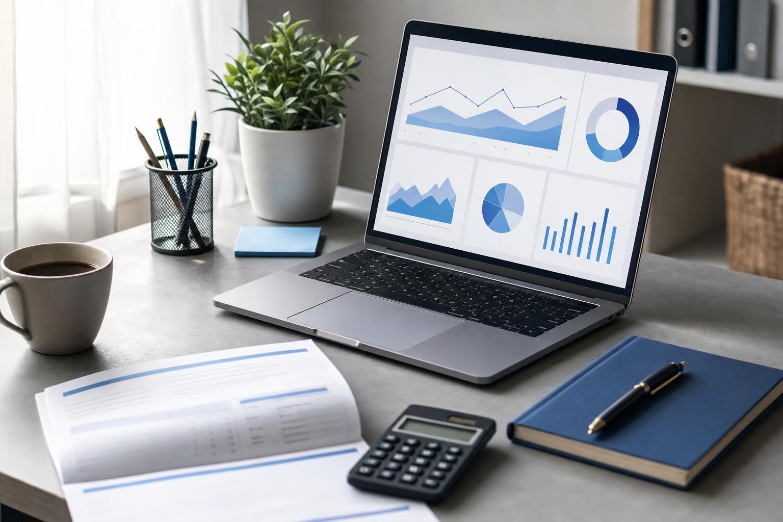 Bureau d'un consultant indépendant avec ordinateur portable, calculatrice et devis, illustrant le budget d'une mission SEO