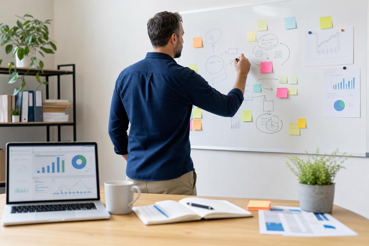 Dirigeant de PME planifiant sa stratégie de content marketing sur un tableau blanc