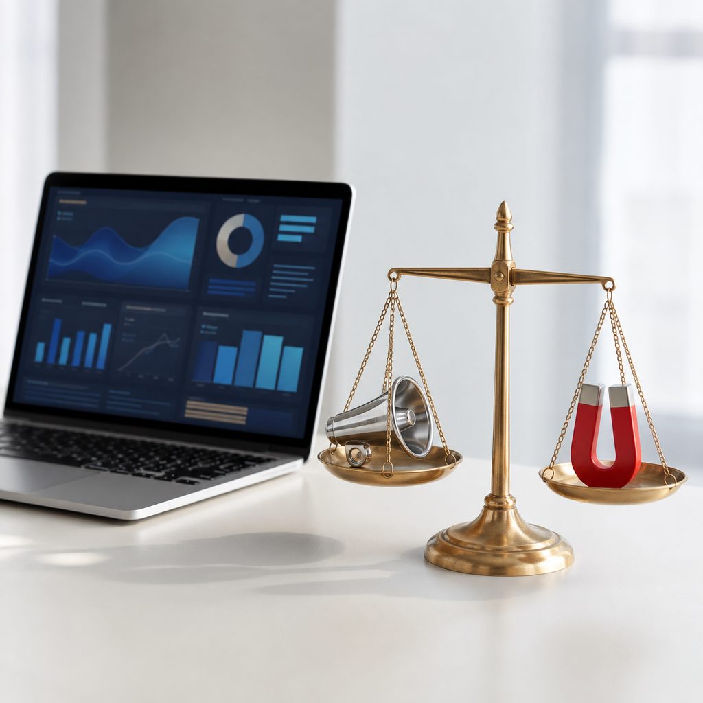 Balance symbolique entre un mégaphone et un aimant sur un bureau, illustrant l'arbitrage entre prospection et attraction