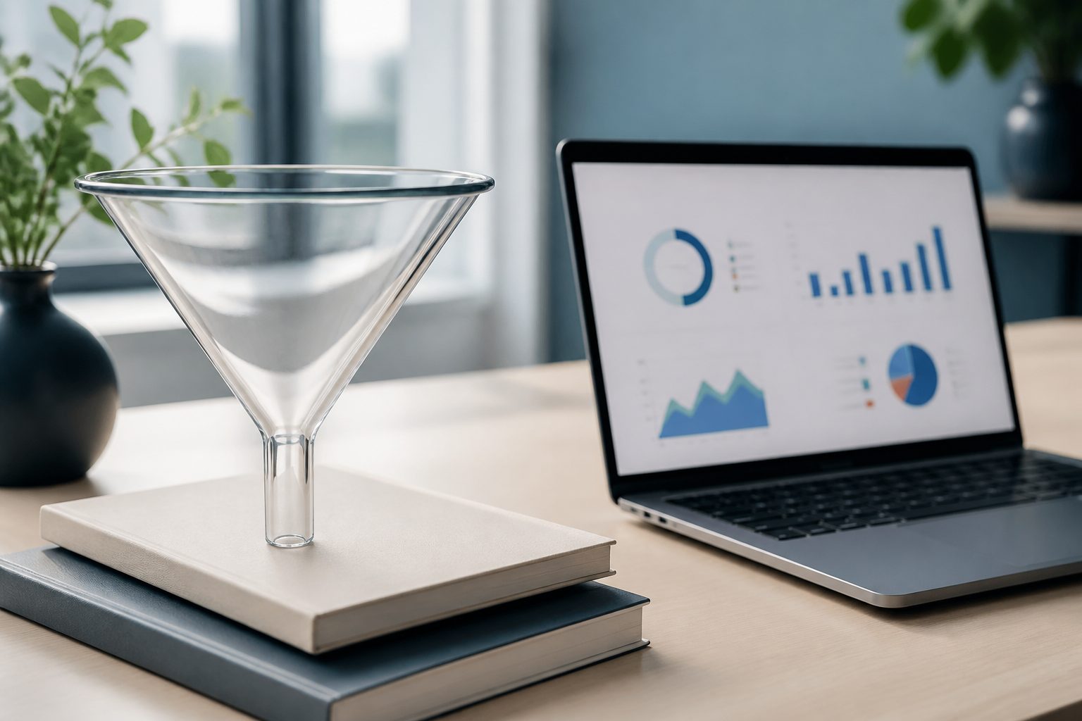 Entonnoir en verre posé sur un bureau à côté d'un ordinateur portable affichant des statistiques