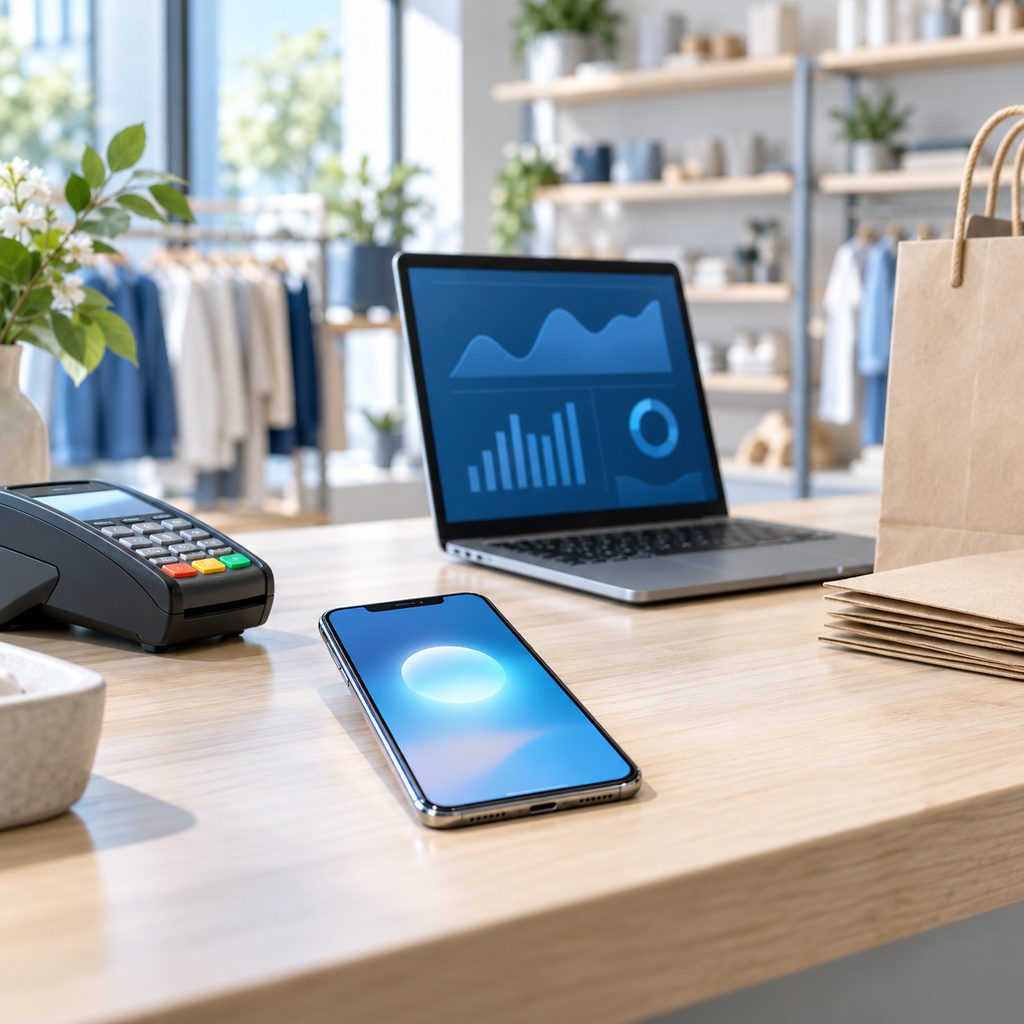 Téléphone posé sur le comptoir d'une boutique, près d'un terminal de paiement