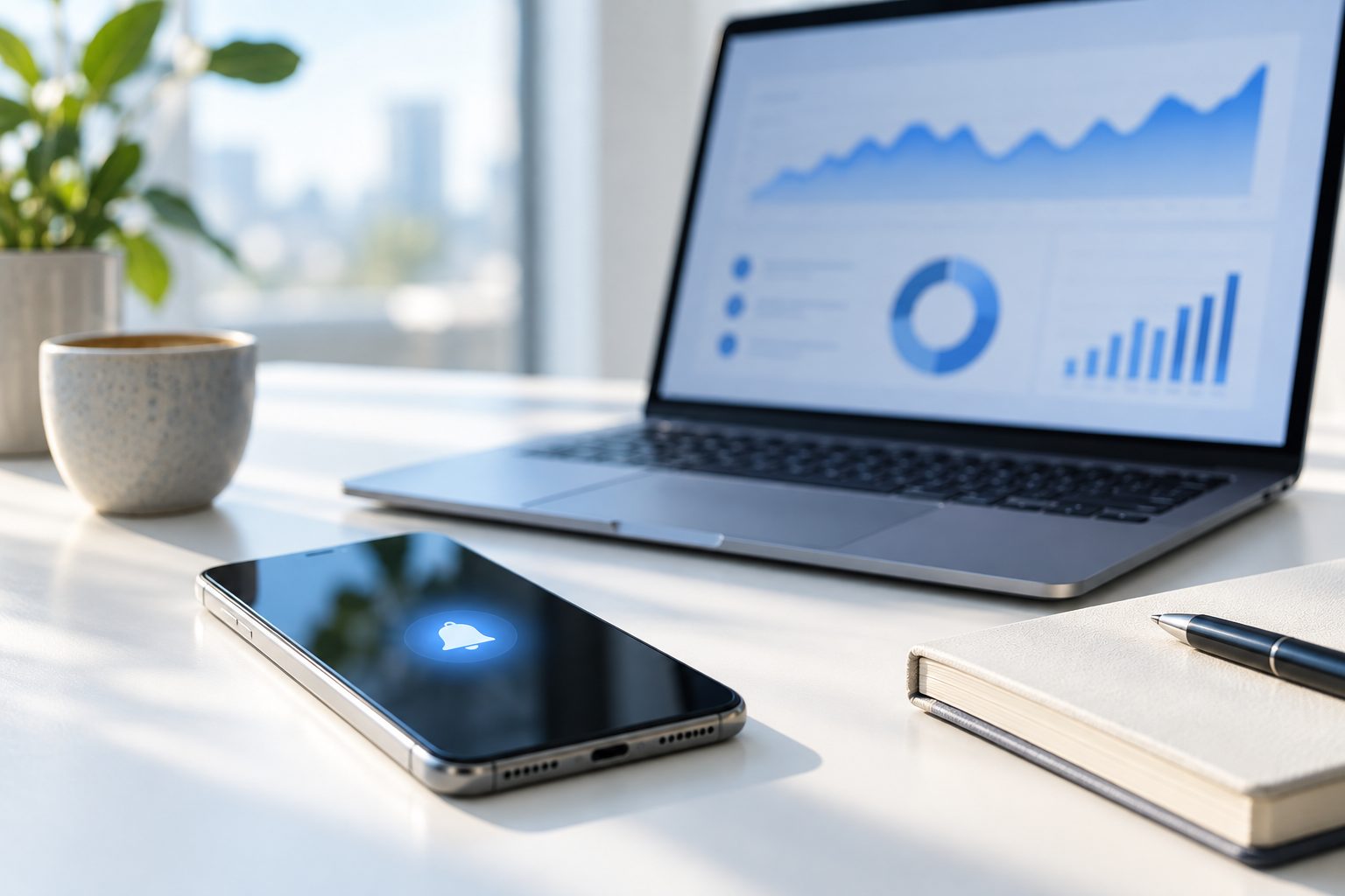 Smartphone posé sur un bureau clair à côté d'un ordinateur portable affichant des statistiques de campagne