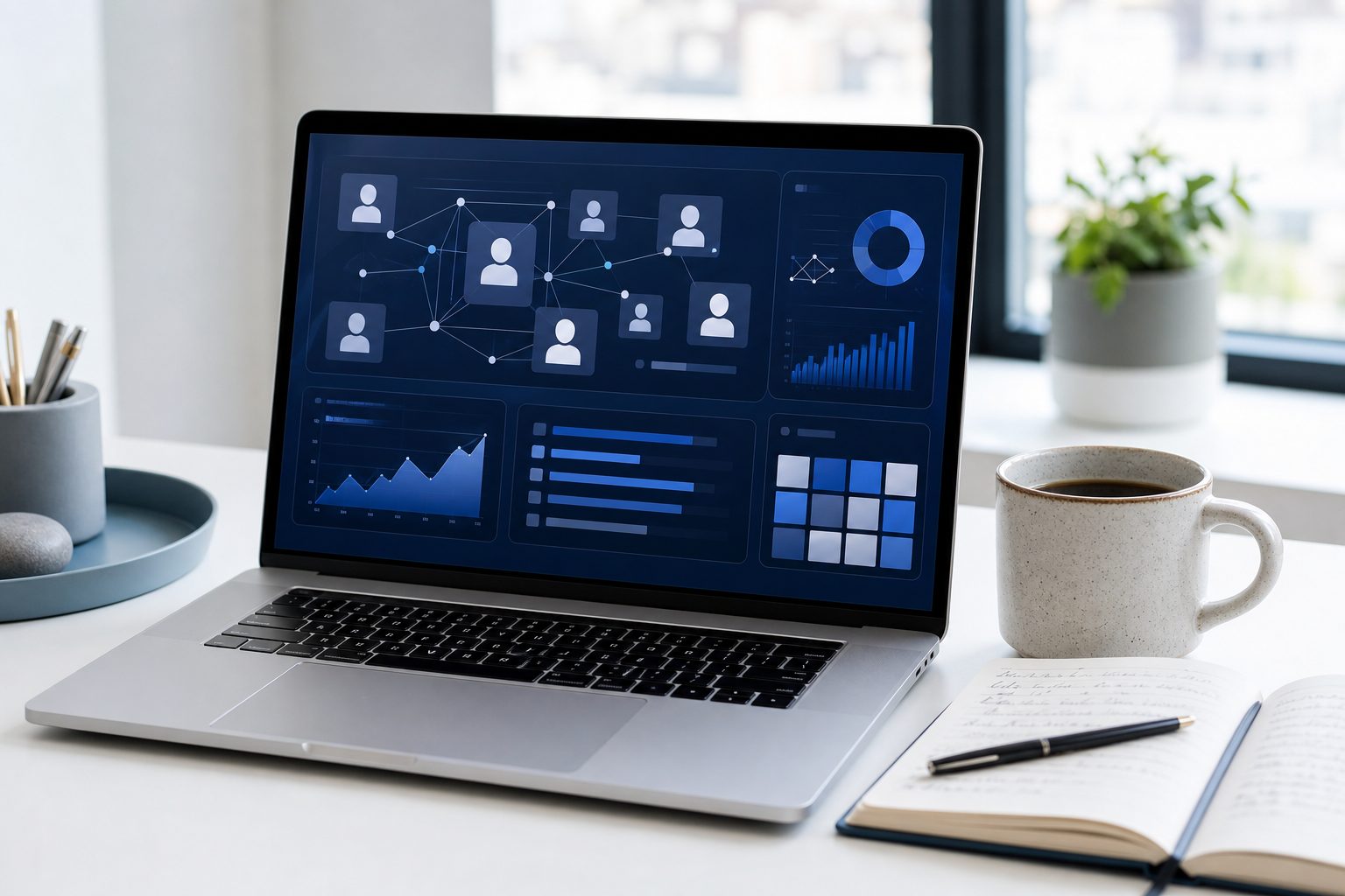 Ordinateur portable ouvert sur un réseau professionnel, carnet de prospection et café sur un bureau lumineux