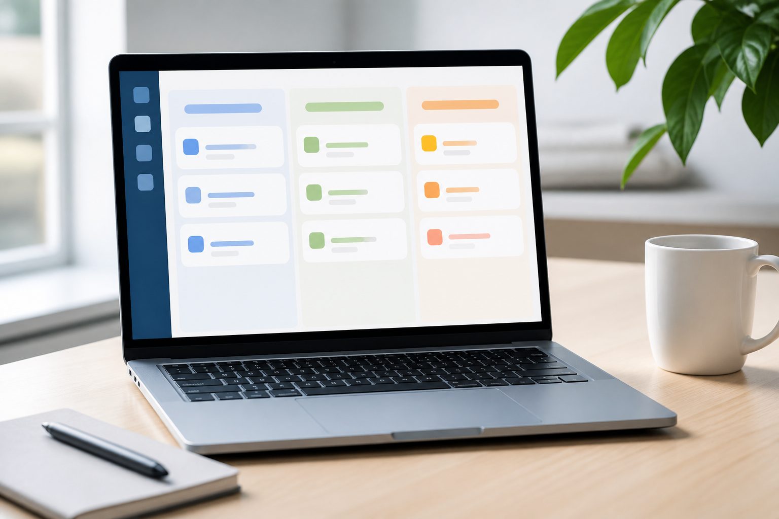 Ordinateur portable ouvert sur un tableau de gestion de projet en colonnes, posé sur un bureau clair de freelance
