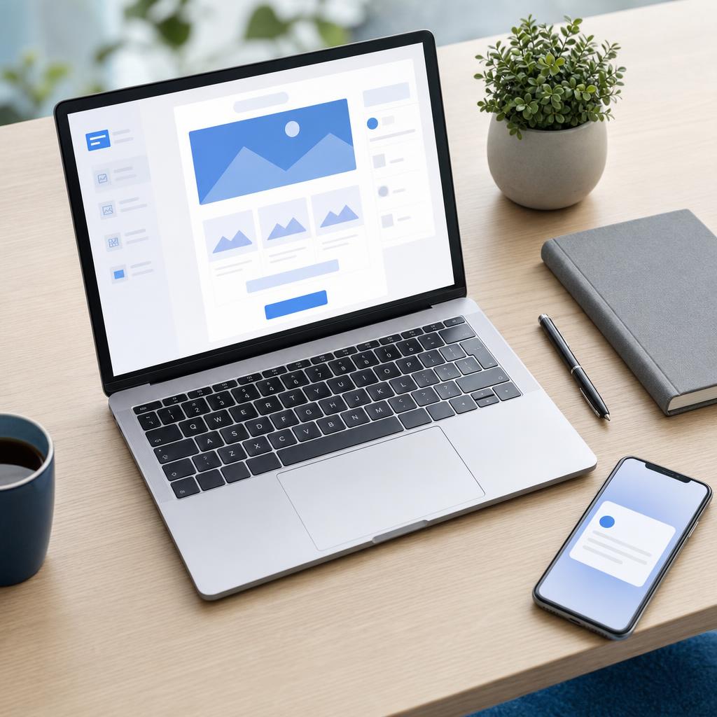 Bureau minimaliste avec ordinateur portable, carnet et smartphone affichant une interface de newsletter