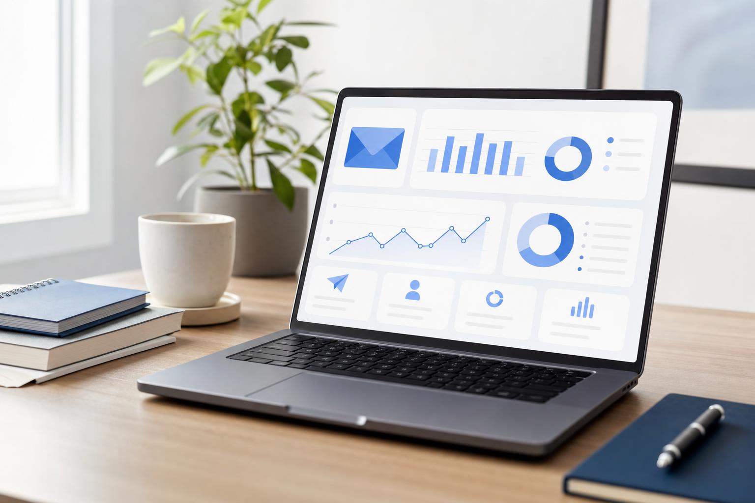 Ordinateur portable ouvert sur un tableau de bord de campagne emailing, bureau clair et minimaliste