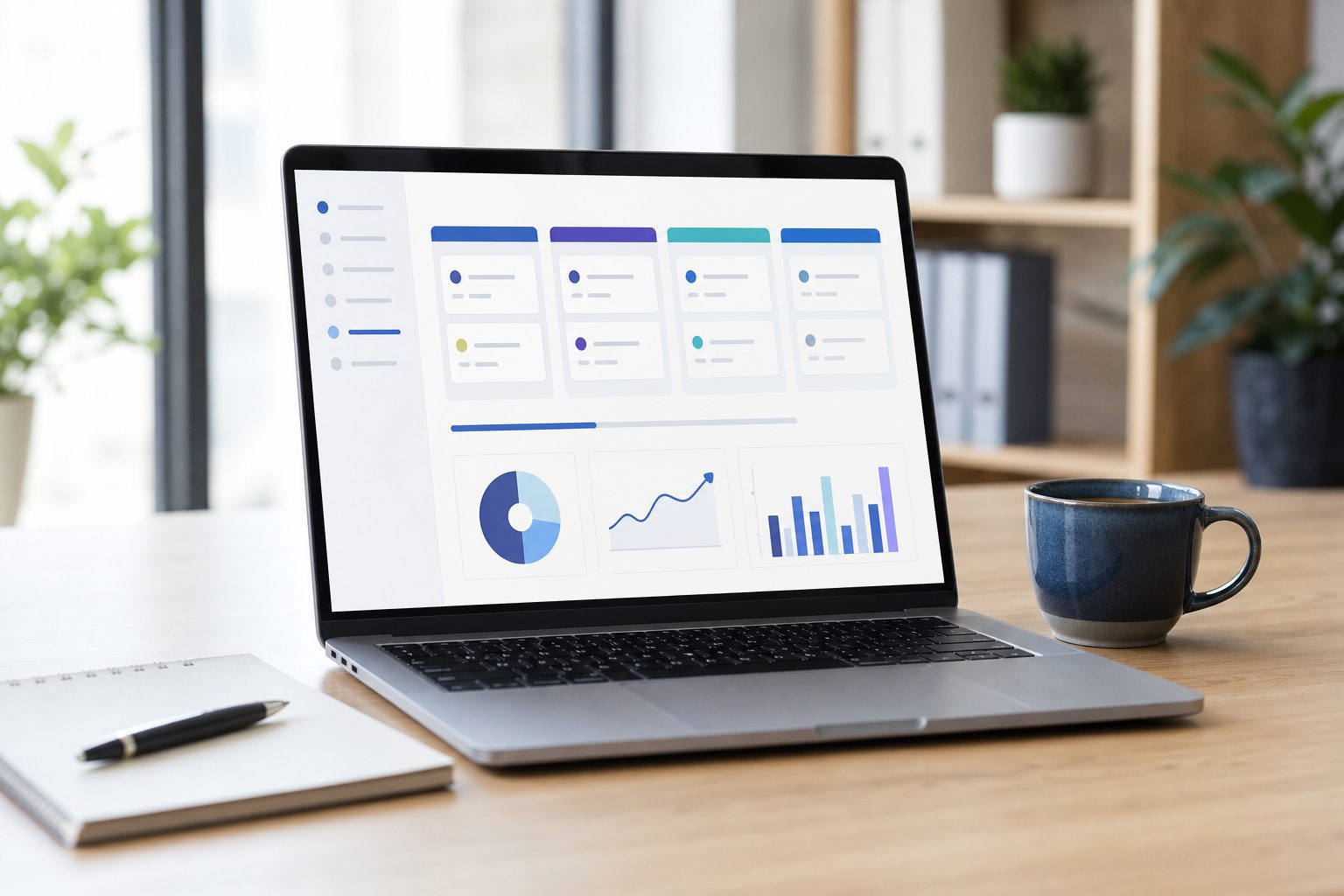 Ordinateur portable affichant un pipeline commercial sur un bureau de petite entreprise