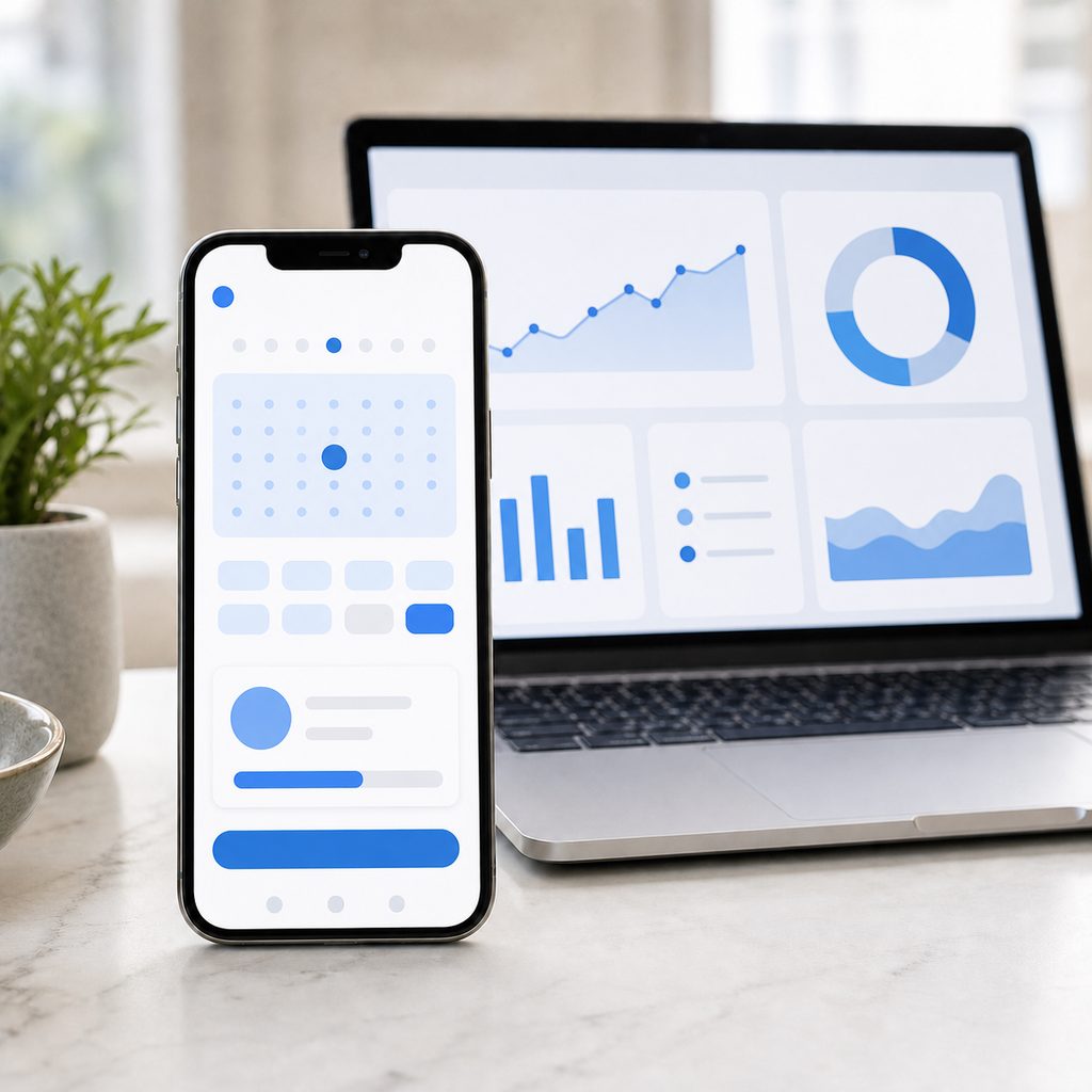 Smartphone affichant une page de réservation en ligne avec des créneaux horaires, posé sur un comptoir clair
