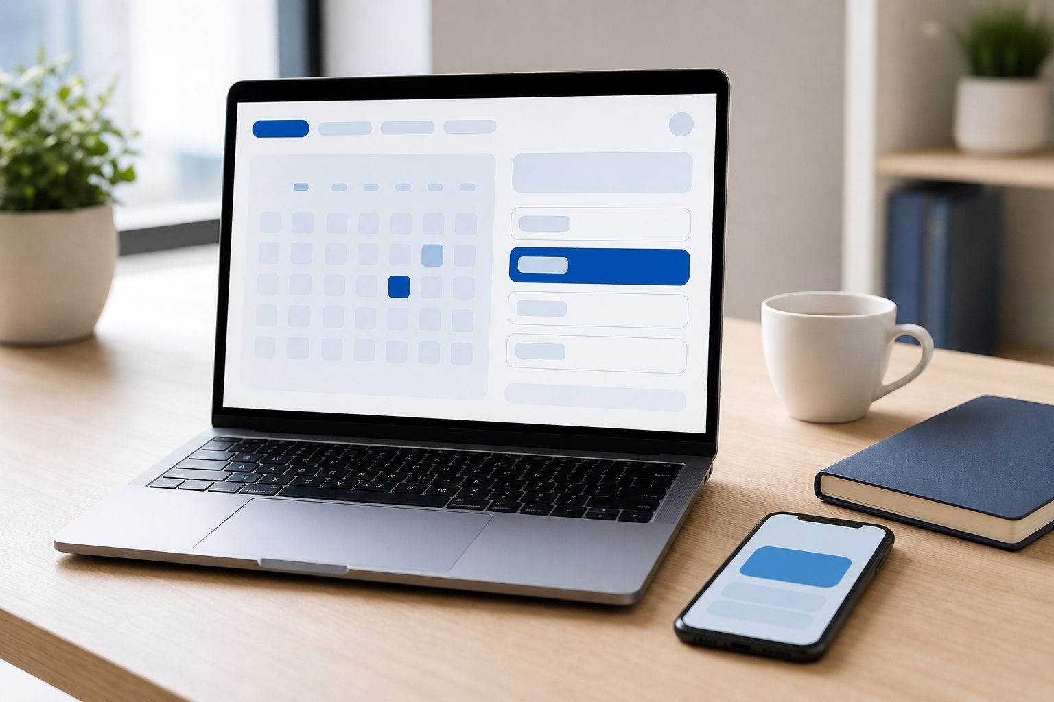 Ordinateur portable ouvert sur un calendrier de réservation en ligne, posé sur un bureau clair