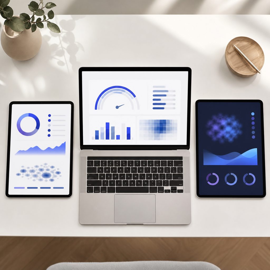 Trois interfaces d'outils d'optimisation de contenu comparées côte à côte sur un bureau
