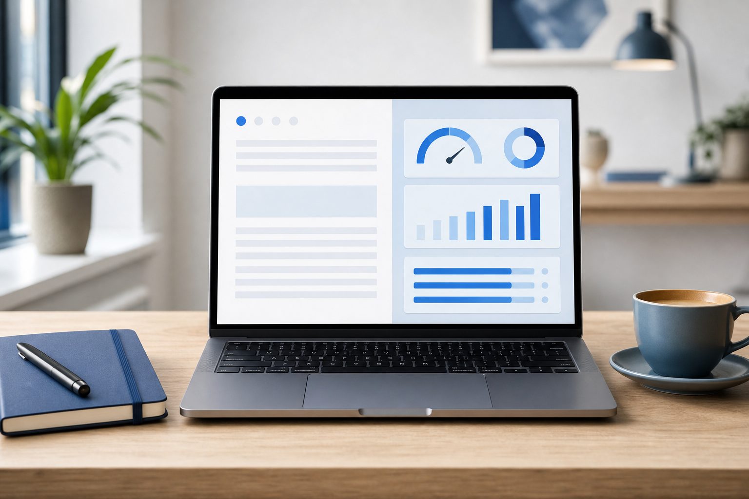 Ordinateur portable ouvert sur un éditeur de texte et un tableau de bord d'optimisation sémantique