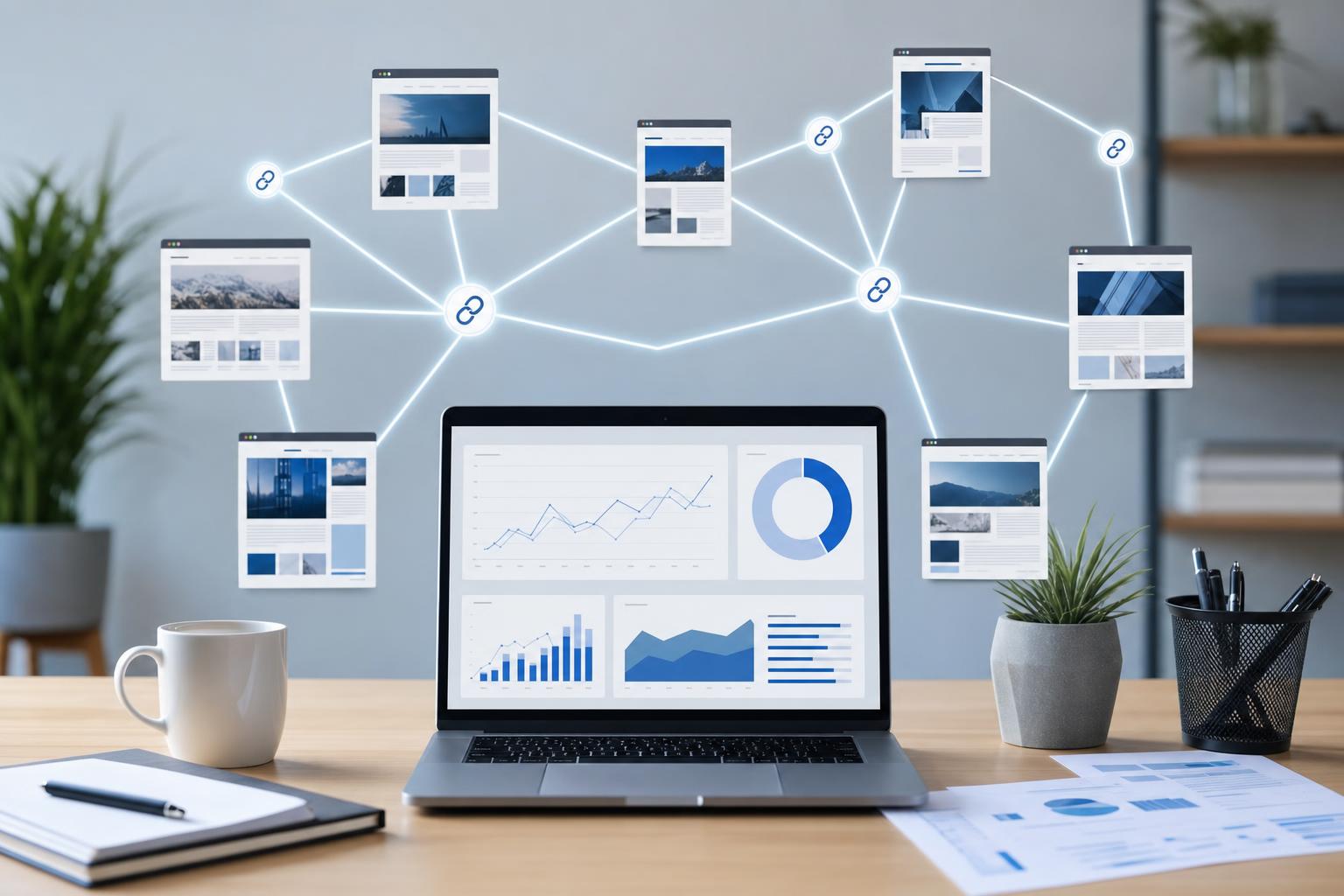 Illustration d'un maillage de sites web reliés entre eux par des liens, symbolisant une stratégie de netlinking