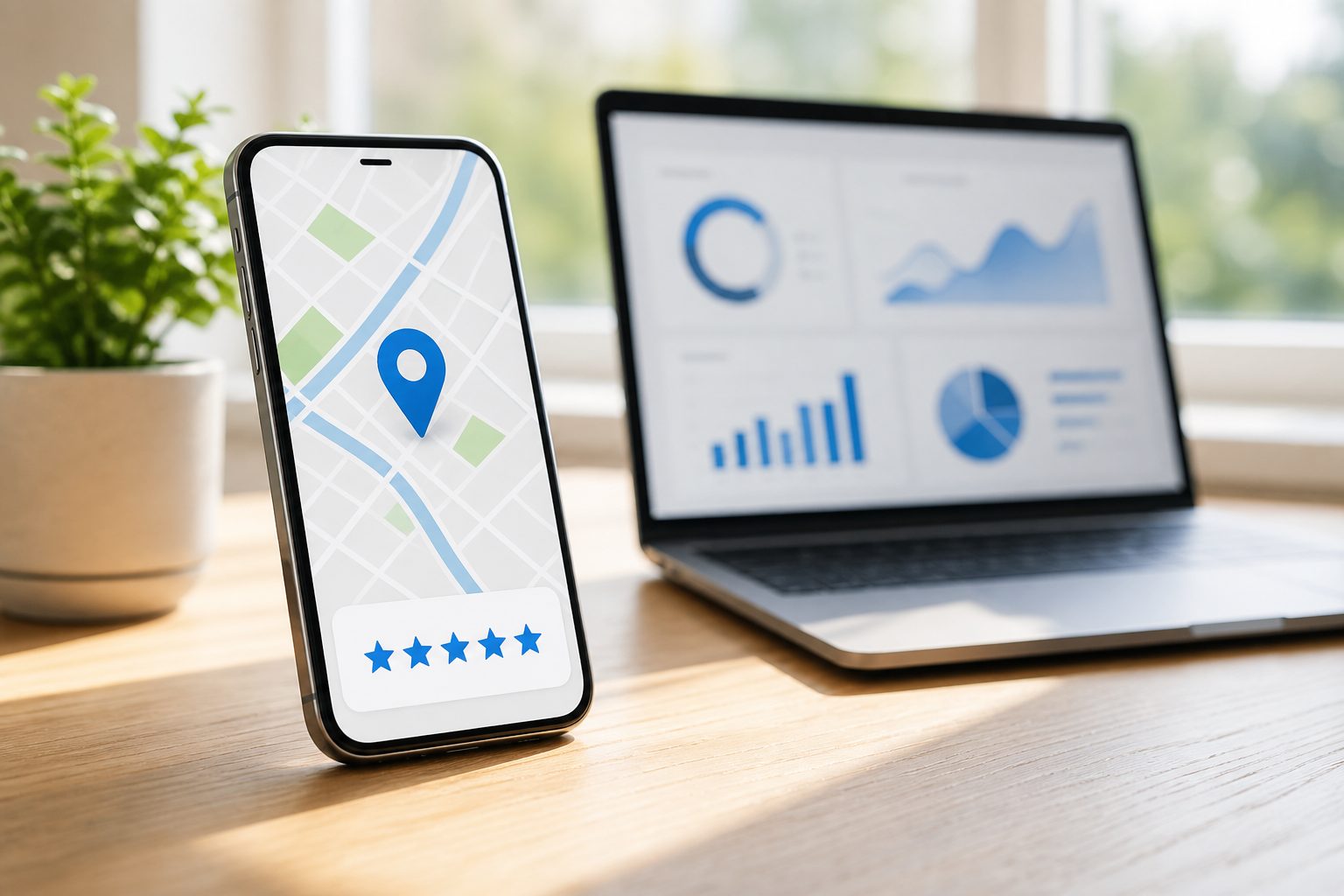 Smartphone posé sur un bureau lumineux affichant une carte avec un repère de localisation et des étoiles d'avis