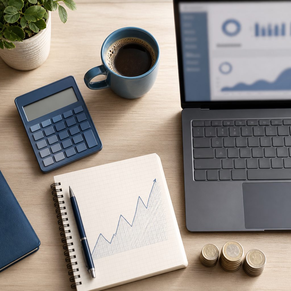 Calculatrice, carnet et pièces posés sur un bureau pour calculer une valeur vie client