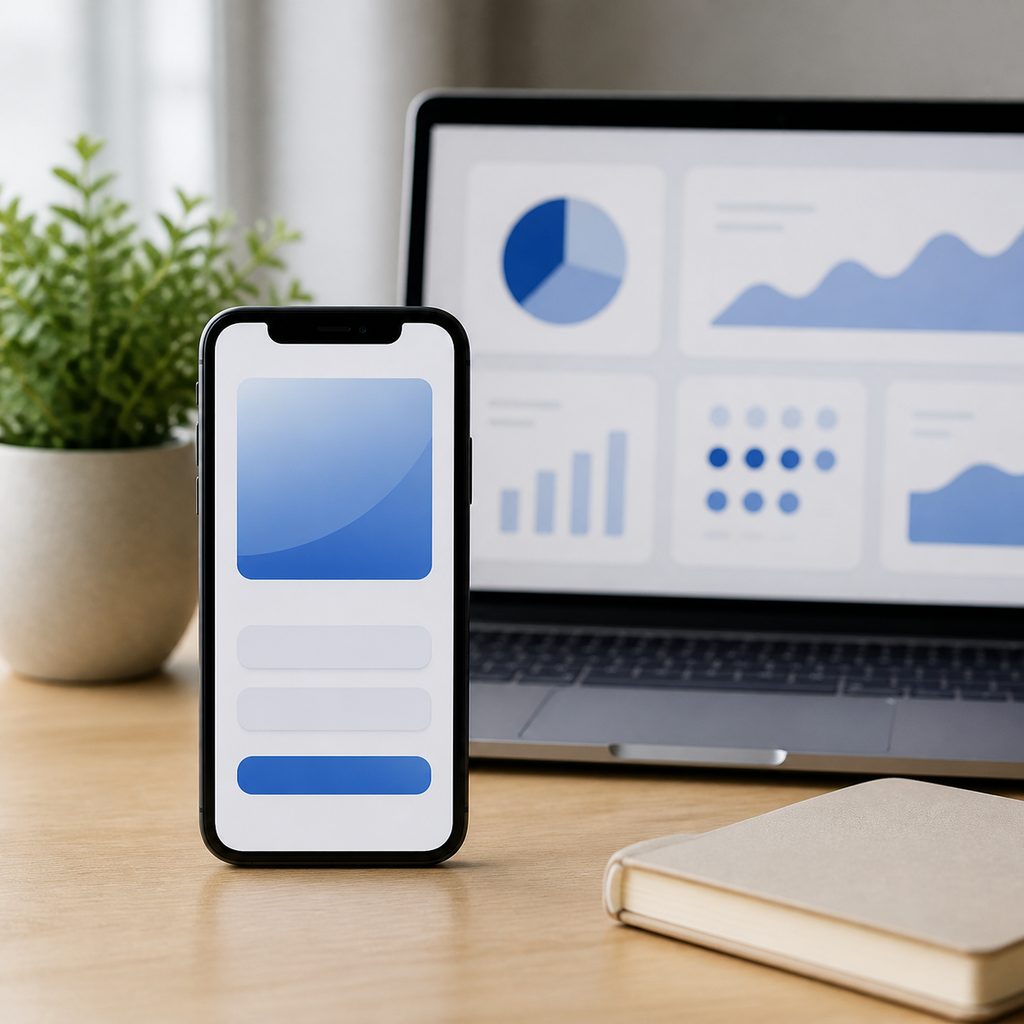 Smartphone affichant une page d'inscription avec un formulaire et un bouton, posé sur un bureau clair