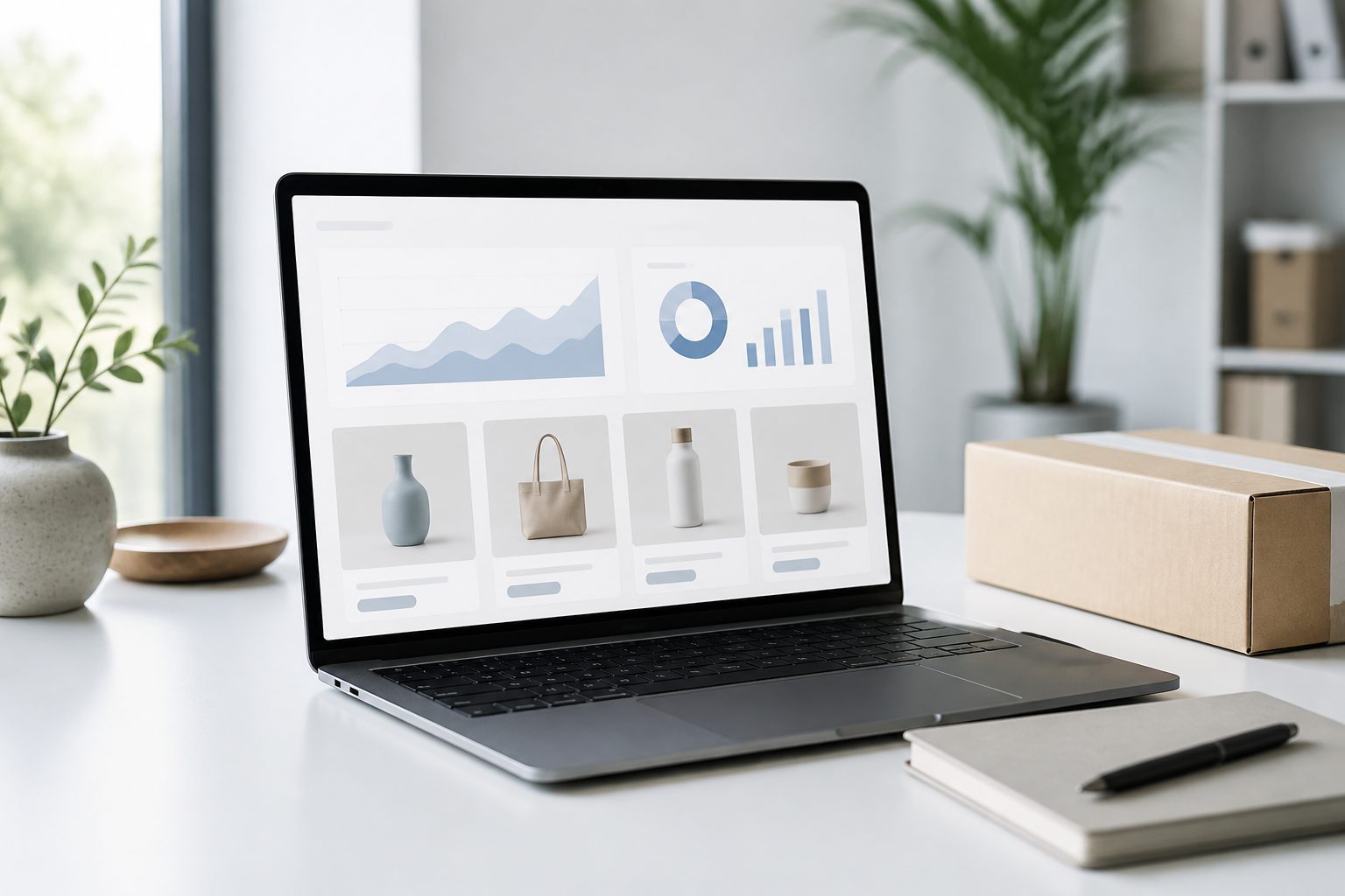 Ordinateur portable affichant une grille de produits d'une boutique en ligne sur un bureau clair