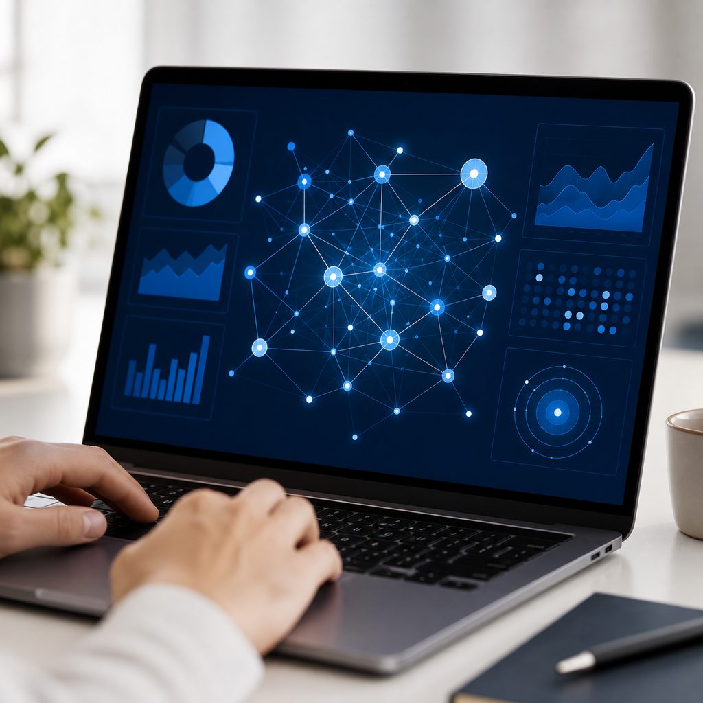 Écran d'ordinateur affichant une visualisation en réseau de liens entre sites web
