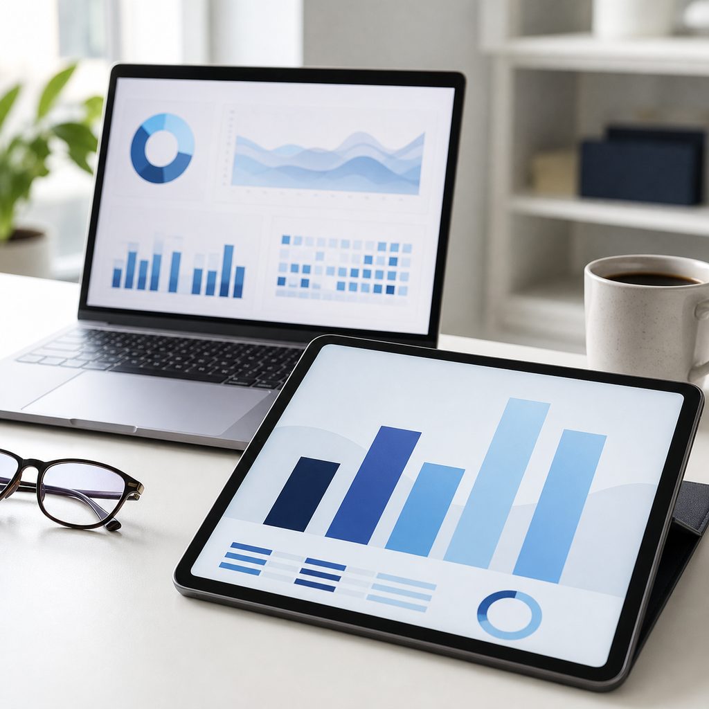 Tablette affichant des graphiques de barres de hauteurs différentes, symbolisant des taux de conversion par segment
